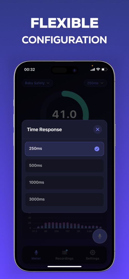 Decibel Meter iOS app showing recordings and analysis